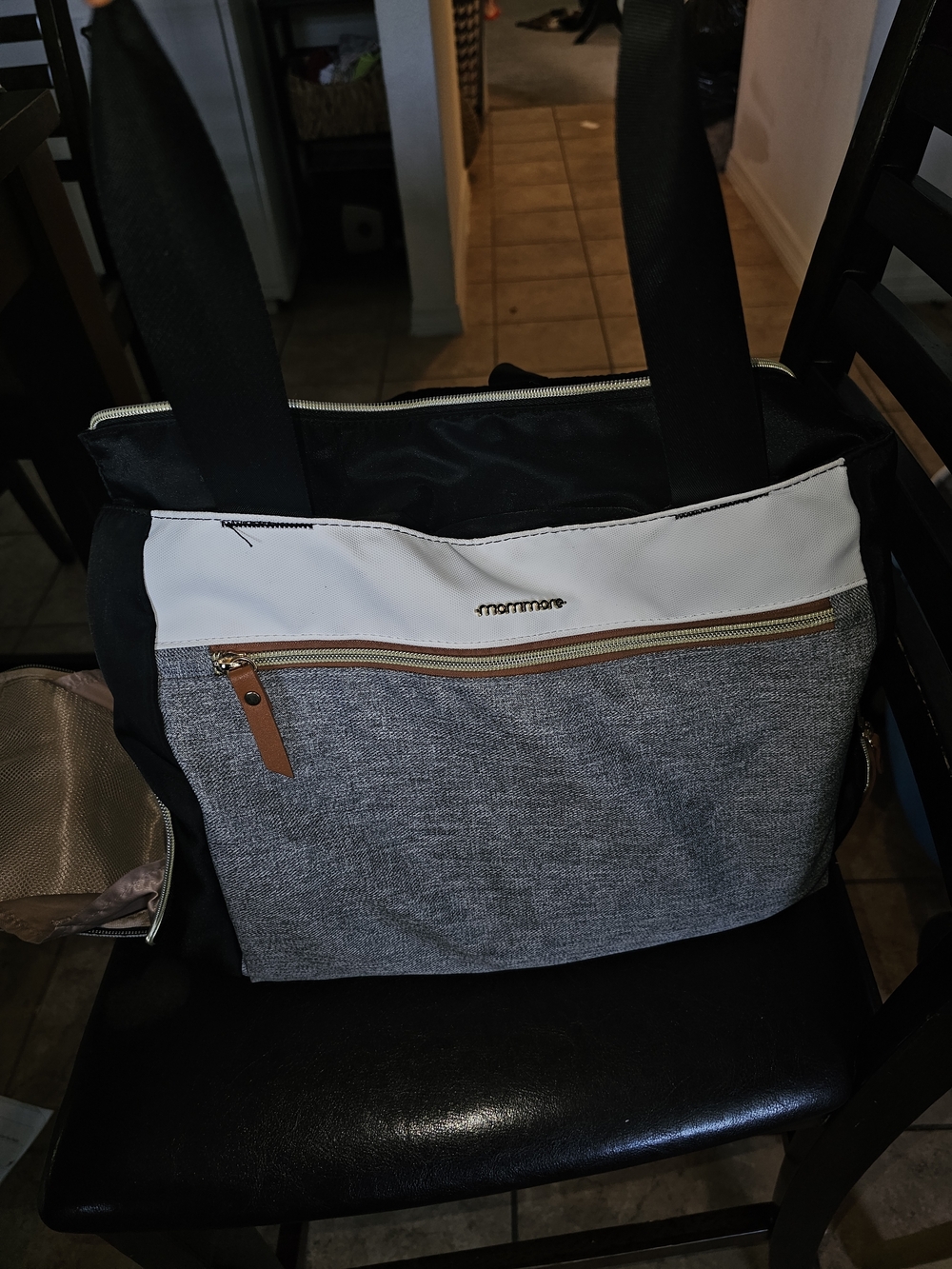 Mommore Breast Pump Tote. Gray & White Tote with Black Straps